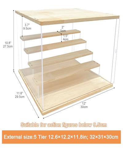Clear Acrylic Display Case with Light , 5 Tier Display Box Stand Assembly Dustproof Protection Showcase for Collectibles Action Figures (12.6×12.2×11.8in; 32×31×30cm) - color: Wood with light, size: 5 Tier 12.6×12.2×11.8in; 32×31×30cm