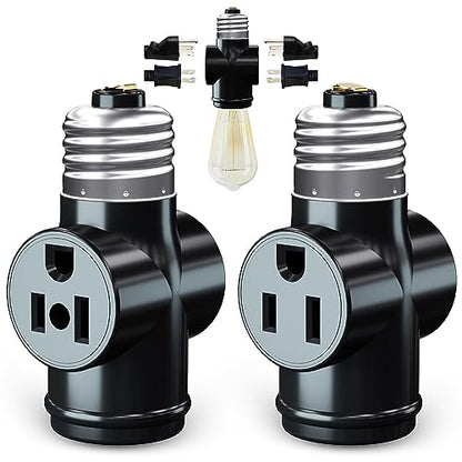 2 Pack, Light Socket to Plug Adapter, Convert E26 Light Socket to 3-Prong Outlet Adapter and Light Bulb Socket (Black) - style: Black