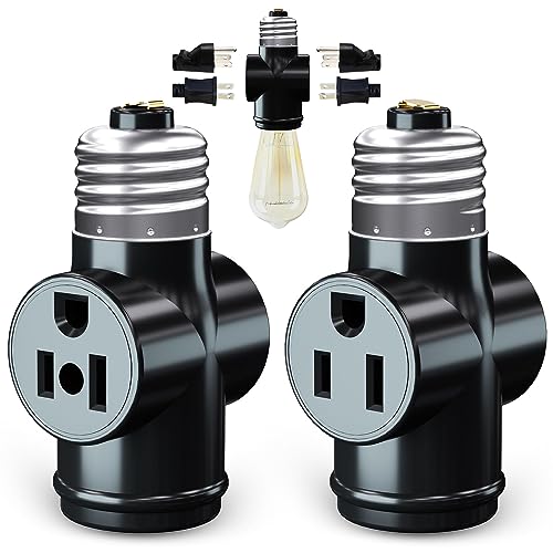 2 Pack, Light Socket to Plug Adapter, Convert E26 Light Socket to 3-Prong Outlet Adapter and Light Bulb Socket (Black) - style: Black