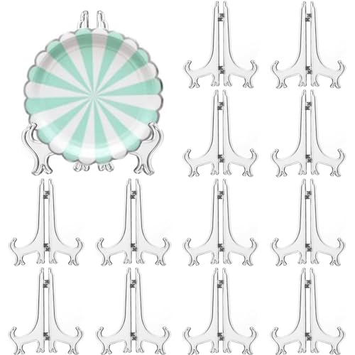 LonlyEagle 12 Pack 5 Inch Clear Plastic Easels or Stand/Plate Holders to Display Pictures or Other Items at Weddings, Plate Stands for Home Decoration, Birthdays, Tables - size: 5 inch