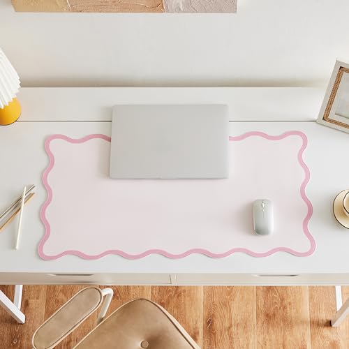 Pink Scalloped Desk Mat, 31.5" x 15.7", PU Leather, Waterproof Anti-Slip, Cute Aesthetic Desk Pad for Office/Home/Game/Vanity Large - color: Pink
