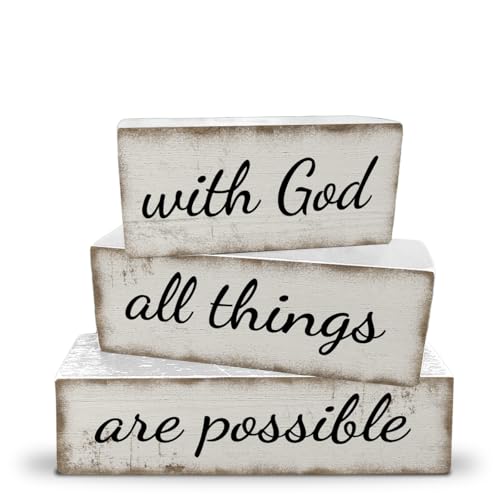 3 Pcs Farmhouse Christian Table Decoration Religious Tiered Tray Decor Rustic Bible Verse Tabletop Centerpiece with God All Things Are Possible Wooden Block Sign for Home Desk Shelf Mantle - color: God