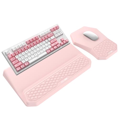 3-in-1 Ergonomic Keyboard Stand with Wrist Rest & Mouse Pad Set, Comfy Keyboard Riser Holder Soft Mousepad with Massage Design, Memory Foam and Non-Slip PU Base for Pain Relief, Pink - color: Light Pink