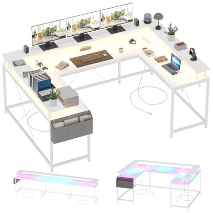 U Shaped Desk with Power Outlet & LED Lights, 79" Reversible Computer Desk with Monitor Stand, Wood Home Office Desks Gaming Desk with Shelving, Side Storage Pockets, White - color: White