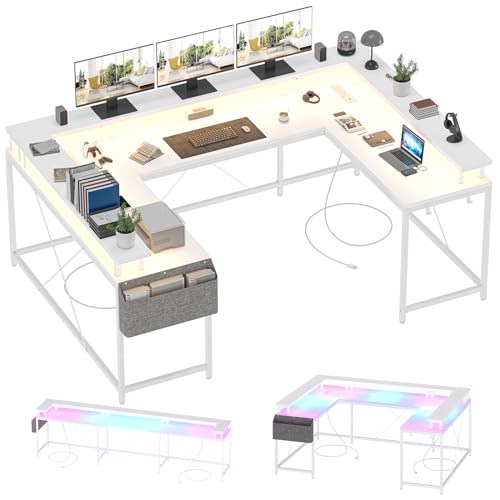 U Shaped Desk with Power Outlet & LED Lights, 79" Reversible Computer Desk with Monitor Stand, Wood Home Office Desks Gaming Desk with Shelving, Side Storage Pockets, White - color: White