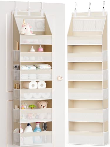 Criusia Over the Door Organizer, 6-Shelf Closet Hanging Storage with 13 Mesh Pockets, 55lbs Capacity Behind the Door Storage for Baby Nursery, Bathroom, Bedroom, and Dorm, Beige - color: Beige, size: 1 PACK