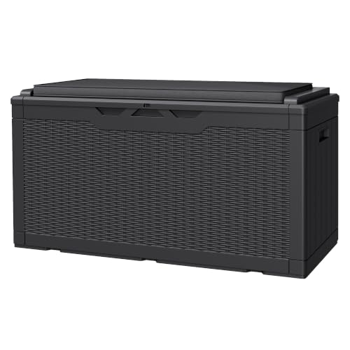 JUMMICO 100 Gallon Resin Deck Box with Cushion, Waterproof Outdoor Storage Box with Lockable Lid for Garden Tools, Patio Cushions (Black) - color: Black, size: 100 gallon with cushion