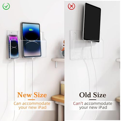 Yoillione Wall Mount Tablet and Phone Charging Stand for Tablet, Smartphone, E-Book, 2 Slots Remote Control Holder for TV, Clear Acrylic Remote Storage Media Organizer Box - Product 2.0 Size Upgrade