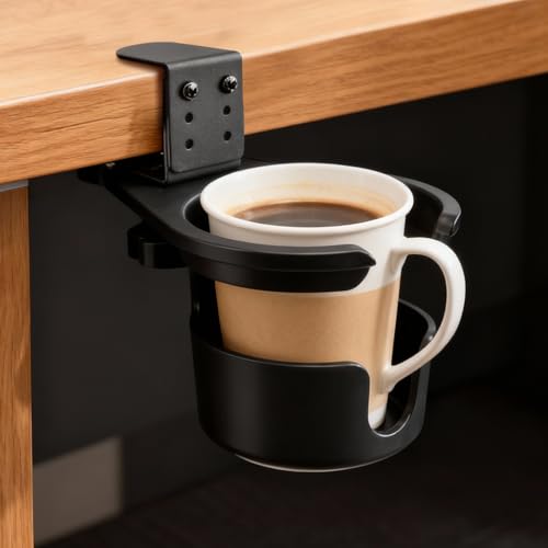 Desk Cup Holder Clip On 360° Rotating Clamp,Deeper Anti-Spill Drink Holders for Water Bottles & Coffee Mugs,Adjustable Clamp Fits Screw On Table for Drinks,Office,Gaming Desk,Home,Black - size: 3.62"L x 3.62"W x 3.5"H