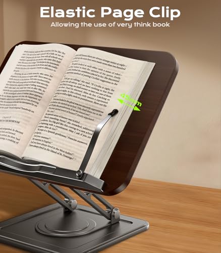 Book Stand for Reading, Adjustable Book Holder with 360°Rotating Bases, Ergonomic Cookbook Stand Recipe Book Holder with Elastic Page Clips for Magazines, Tablets, Laptops,Black - color: Black