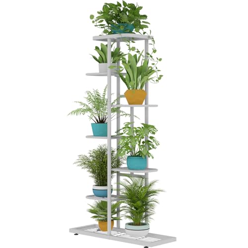 LINZINAR Plant Stand Metal 7 Tier 8 Potted Multiple Flower Pot Holder Shelf Indoor Outdoor Planter Display Shelving Unit for Patio Garden Corner Balcony Living Room, White - color: White, size: 7 Tier-8 Potted