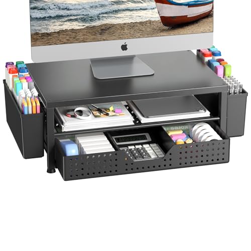 Monitor Riser, Laptop Stand for Desk, Office Desk Organizer and Accessories, Computer Monitor Stand, Desktop Shelf with Drawer and Pen Holder, Printer Stand for Home, Office, Dorm (Black) - color: Black-Regular