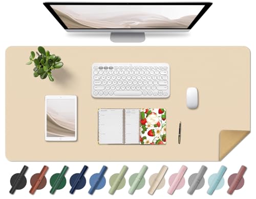 BLESWIN Large Desk Pad 35.4"" x 17"", Non-Slip Desk Mat with PU Leather & Natural Cork, Waterproof Writing Desk Natural Cork, Computer Mat Desk Protector for Office Home, Apricot - color: Apricot, size: 2.4" x 2.4"