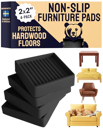 CasterMaster Anti-Slip Furniture Pads - 2x2 in Black, 4 Pack | Rubber caster cups & floor protectors - Use for couch, chair & bed legs on hardwood, tile & vinyl - color: Black, size: 2'' x 2'' (Pack of 4)
