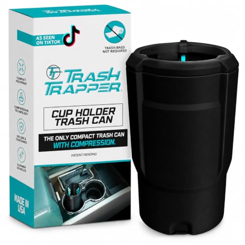Trash Trapper Car Trash Can Cup Holder | Mini Car Trash Can | Fits in Most Doors | 5.1" x 2.9" | Traps More & Empties Less, Patent-Pending Compaction, Holds Weeks of Small Garbage, Black/Teal - color: Black/Teal, size: Original