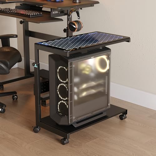 EUREKA ERGONOMIC Height Adjustable Computer Tower Stand, Illuminated Glass Panel PC Stand w/RGB Lights, 2-Tier CPU Holder Cart Under Desk, PC Floor Stand for Office Gaming, APP Control - color: Mix Color Lite