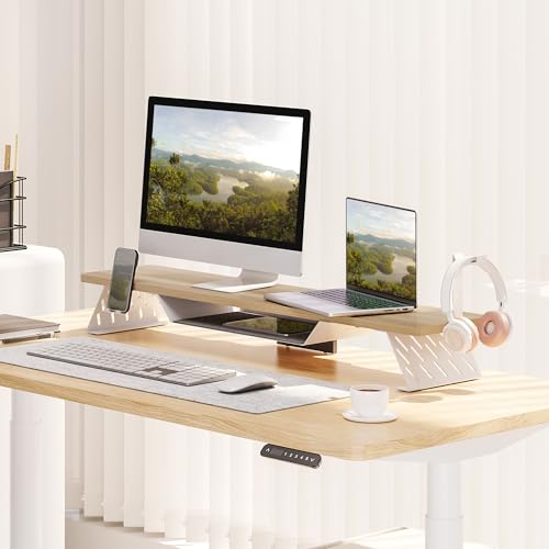 Fenge Dual Monitor Stand, 42.5 Inch Monitor Riser for Desk, Wood Desk Shelf for 2 Monitors, 2 Tier Monitor Shelf with Headphone Stand & Phone Holder - color: Oak