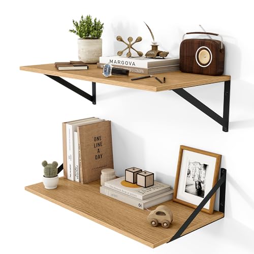 Heimlove 12 Inch Deep Floating Shelves for Wall, 24W x 12D Wood Wall Shelves Set of 2, Rustic Oak Wide Floating Bookshelf for Living Room, Kitchen, Office, Bedroom, with Black Metal Bracke - Oak - color: Oak With Black Metal Bracket, size: 24wx12dx5.8h