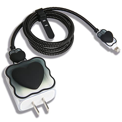 Compatible with iPhone 18W/20W USB-C Charger Cover Lovely 3D Love Heart Waves Clear Soft Charger Protector Cute Cable Saver for iPhone 11 12 13 14 Pro Max Fast Power Adapter, Black 1 (5in1) - color: Black 1 (5 in 1)