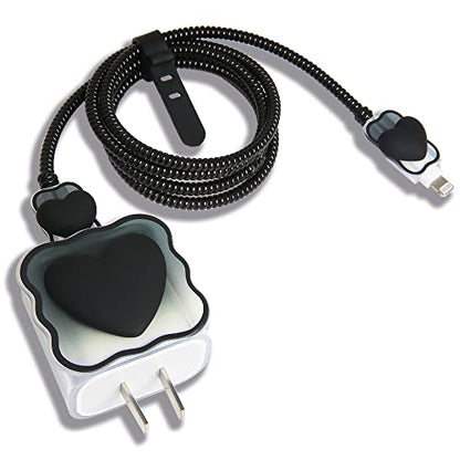 Compatible with iPhone 18W/20W USB-C Charger Cover Lovely 3D Love Heart Waves Clear Soft Charger Protector Cute Cable Saver for iPhone 11 12 13 14 Pro Max Fast Power Adapter, Black 1 (5in1) - color: Black 1 (5 in 1)