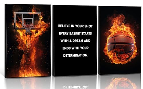 3Pcs Basketball Canvas Wall Art Inspirational Sport Theme Painting Picture Wall Decor flame Basketball Motivational Quotes Poster Print Artwork for Gym Teen Boys Room Decortion 16x24in Unframed - color: Poster, size: 16x24in