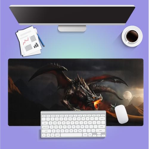 Large Gaming Mouse Pad (31.5" x 15.8") - Fantasy Scene Knight Fighting Dragon, Extra XXL Extended Office Accessories, Premium Stitched Anti-Slip Desk Mat - color: Dragon