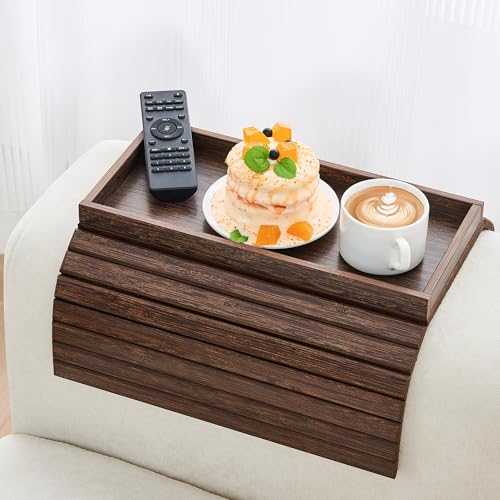 LOVYANXUE Couch Arm Tray, Anti-Falling Bamboo Sofa Arm Tray Table, Foldable & Portable Armrest Tray Cup Holder Side Table for Drinks, Coffee, Phone, Snacks, Remote - color: Brown, size: Large (without Phone Holder)
