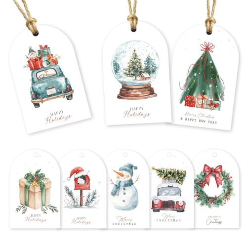 Arc-Shaped Watercolor Christmas Gift Tags - 80 Holiday Tags with String, 8 Watercolor Arch Designs - 350 GSM Christmas Name Tags for Gifts - style: Watercolor