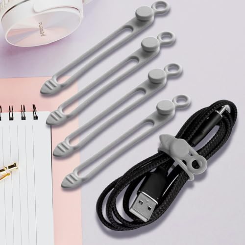 TENOC Silicone Cable Ties 5 Pcs Grey Reusable Cable Holder Elastic Cord Straps Flexible Wire Organizer for Phone Tablet Charging Cable and Headset or Others - color: Grey, size: 4.2 Inch 5 Pcs
