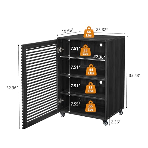 LEVNARY 5-Tier AV Media Cabinet with Grille Door, Modern Wooden Stereo Rack with Adjustable Shelves & Wheels, Audio Video Cabinet for Living Gaming Room Recording Studio (Black) - color: Black