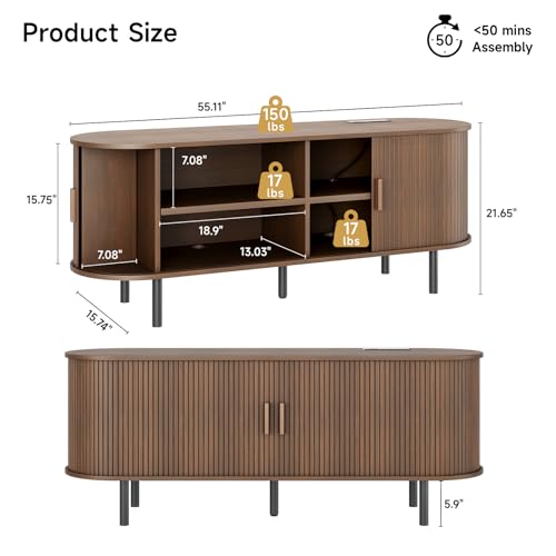 ONBRILL 55" TV Stand with Power Outlet for TVs up to 60 Inch, Entertainment Center with Storage and Adjustable Shelves, Modern Media Console with Sliding Doors for Living Room, Walnut - color: Walnut, size: 55 Inch