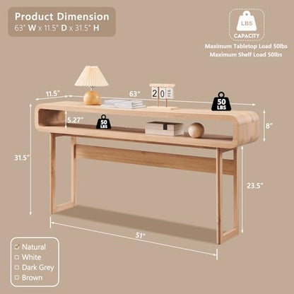 IFGET 63-Inch Long Console Table, 31.5" Tall Modern Entryway Table with Open Storage Shelf, Curved Profile Design, Narrow Wood Sofa Table Behind Couch Table for Living Room, Hallway,Foyer, Natural Oak - color: Natural Oak