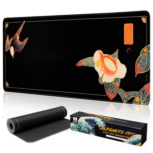 BELLEMOND Japanese Art Desk Mat | Large 31.5x11.8in Anime Mouse Pad for Keyboard & Mouse | Non-Slip Base, Water-Repellent | Original Japanese Design | Camellia Silence - color: Camellia Silence