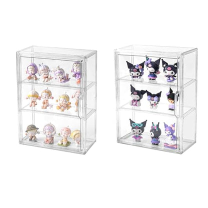 3 Tier Display Case for Collectibles,Clear Display Box with 2 Movable Plates ,Storage Container with Magnetic Door (Large 2 Pack) - size: Large 2 Pack