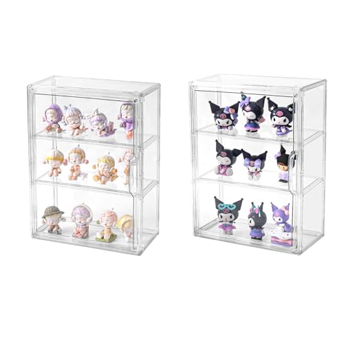 3 Tier Display Case for Collectibles,Clear Display Box with 2 Movable Plates ,Storage Container with Magnetic Door (Large 2 Pack) - size: Large 2 Pack