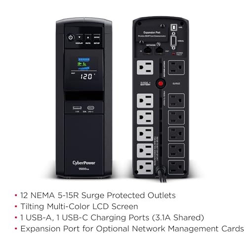CyberPower CP1500PFCLCD PFC Sinewave UPS Battery Backup and Surge Protector, 1500VA/1000W, 12 Outlets, AVR, Mini Tower, UL Certified - size: 1500VA, style: Mini-Tower
