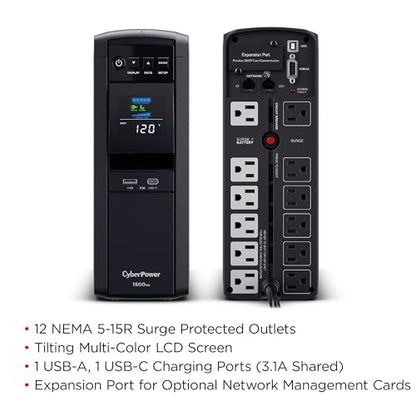 CyberPower CP1500PFCLCD PFC Sinewave UPS Battery Backup and Surge Protector, 1500VA/1000W, 12 Outlets, AVR, Mini Tower, UL Certified - size: 1500VA, style: Mini-Tower