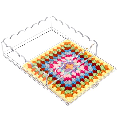 Scalloped Acrylic Tray, 9" x 9" Clear Acrylic Tray with Insert Drawer | Durable Acrylic, Modern Desk Decor Gift, Acrylic Trays for Needlepoint insert, Photos, Art, Fabric, Napkin, Jewelry Organizer - size: 9" x 9" x 2.5"