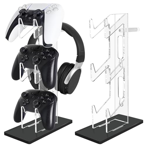 FYY Game Controller Holder 3 Tiers - Universal Dual Controller Stand Headphone Holder, Acrylic Black Controller Display Stand Compatible with Nintendo Switch Xbox PS5 PS4, Desk Mounts for Controller - color: 3-Tier-Black