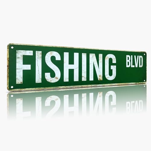FISHING BLVD Street Sign, Metal Decor for Lake House & Cabin, 4x15 Inch Rustproof Aluminum Wall Art for Man Cave - Fishing Gifts for Men & Dad - color: Fishing
