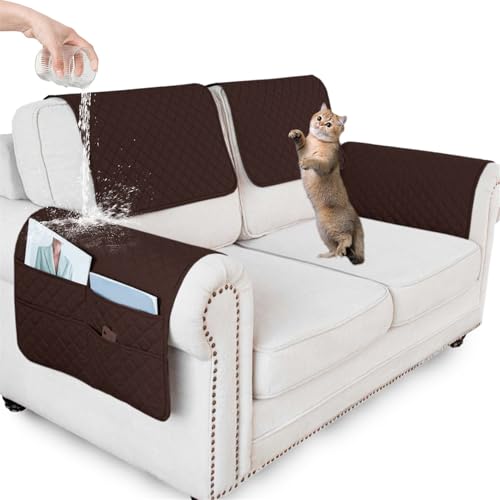 Waterproof Sofa Armrest Cover Headrest Cover with Side Pocket Non-Slip Couch Protector for Armchairs, Chairs, and Sofas (Brown,2 Seater 4PCS) - color: Brown, size: 2 Seater 4PCS