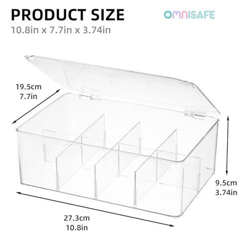 Divided Clear Plastic Organizer Bin with Hinge Lid, 8 Sections Tea Bag Storage Box for Kitchen, Snacks, Spice Packets,Pouches, Stackable Storage Bin - color: One