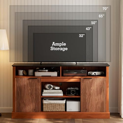 LCRBOL TV Stand for up to 65" TV, Mid-Century Entertainment Center, Walnut | 63"W x 15.4"D x 25"H, 2 fluted cabinets, 1 drawer & open shelves, matte walnut top, top holds 180 lbs, ~90 min assembly - color: Brown & Black