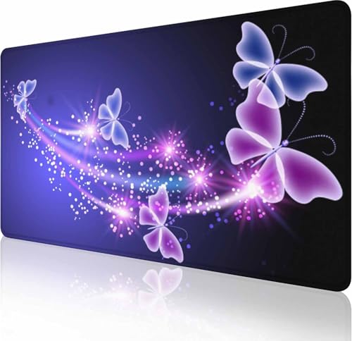Gaming Mouse Pad, Large Mouse Pads for Women, Non-Slip Rubber Base Mousepad, Keyboard Mouse Mat, Desk Pad with Stitched Edges, 35.4x15.7inch, Glowing Butterfly - color: Glowing Butterfly, size: 35.4" x 15.7"