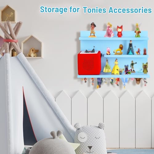 PHOENANCEE for Tonies Shelf Magnetic,for Toniebox Figures Storage Display Shelf 40-48 Character,Wall Floating Shelves Wooden,Compatible Charging Station for Children Kid's Room,Pine,3 Tier - color: Blue, size: 3-Tier