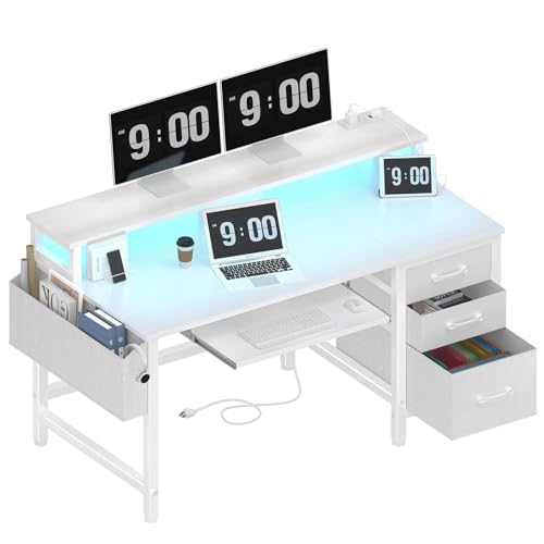 Lufeiya Gaming Desk with LED Lights and Power Outlets, 47 Inch Home Office Desks with Keyboard Tray, White Computer Desk with File Drawers Cabinet, Writing Table PC Desks with Monitor Stand, White - color: White