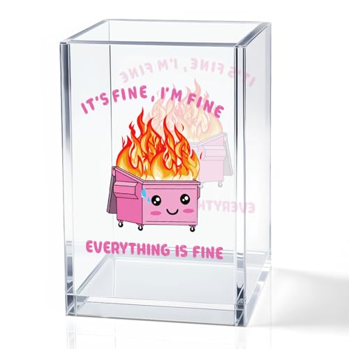 It's Fine I'm Fine Everything Is Acrylic Makeup Brush Pencil Holder Cup, Funny Pink Dumpster Fire Pen Holder Gifts For Friends HR Nurse, Office Gifts for Women Coworker, Pencil Cup for Desk - color: pink & orange
