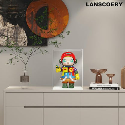 LANSCOERY Acrylic Display Case, 8x8x10 in, Upgraded Thickened UV-Resistant Showcase, 98% Clarity Dustproof Box with Glossy White Base for Action Figures, LEGO & Models, Includes Scraper & LED Light - color: White, size: 8x8x10inch; 20x20x25cm