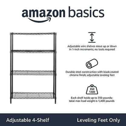 Amazon Basics 4-Shelf Adjustable Heavy Duty Steel Wire Rack Storage Shelving, Sturdy Garage Shelving, 350 lbs Capacity Per Shelf, Easy No-Tool Assembly, 36" x 14" x 54", Black - color: Black, size: 36" L x 14" W x 54" H, style: 4 -Shelf