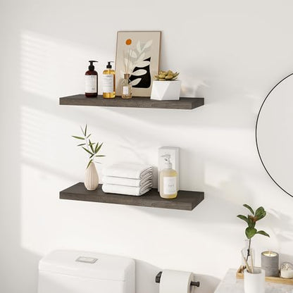 Vivelove Flat Edge Elm Wood Floating Shelf with Invisible Bracket 24”Grey - color: Grey, size: 24”,set of 2